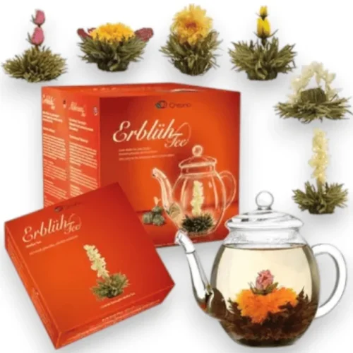 Žydinčios arbatos rinkinis Blossom su stikliniu arbatinuku ir raudona Creano dėžute