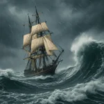 Senovinis burlaivis audringoje jūroje po tamsiu dangumi – simbolinė „Tea Haven“ iliustracija apie vidines audras ir ramybės paiešką.