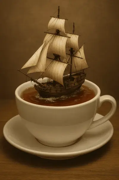 Senovinis burlaivis plaukia arbatos puodelyje – Tea Haven prekės ženklo nuotrauka