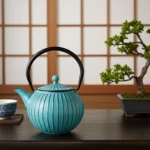 Turkio spalvos ketaus arbatinukas „Apsara“ ant tamsaus medinio stalo, šalia matomas bonsai medelis ir tradicinė japoniška pertvara fone