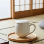 Baltas matinis keraminis puodelis „Haiku“ su dangteliu ant medinio padėkliuko japoniško stiliaus fone.