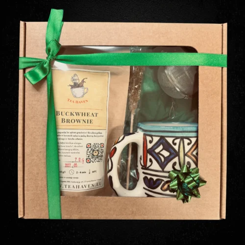 Dovanų rinkinys „Maroko spalvos“ su rankų darbo puodeliu mėlynu iš Maroko ir desertine arbata