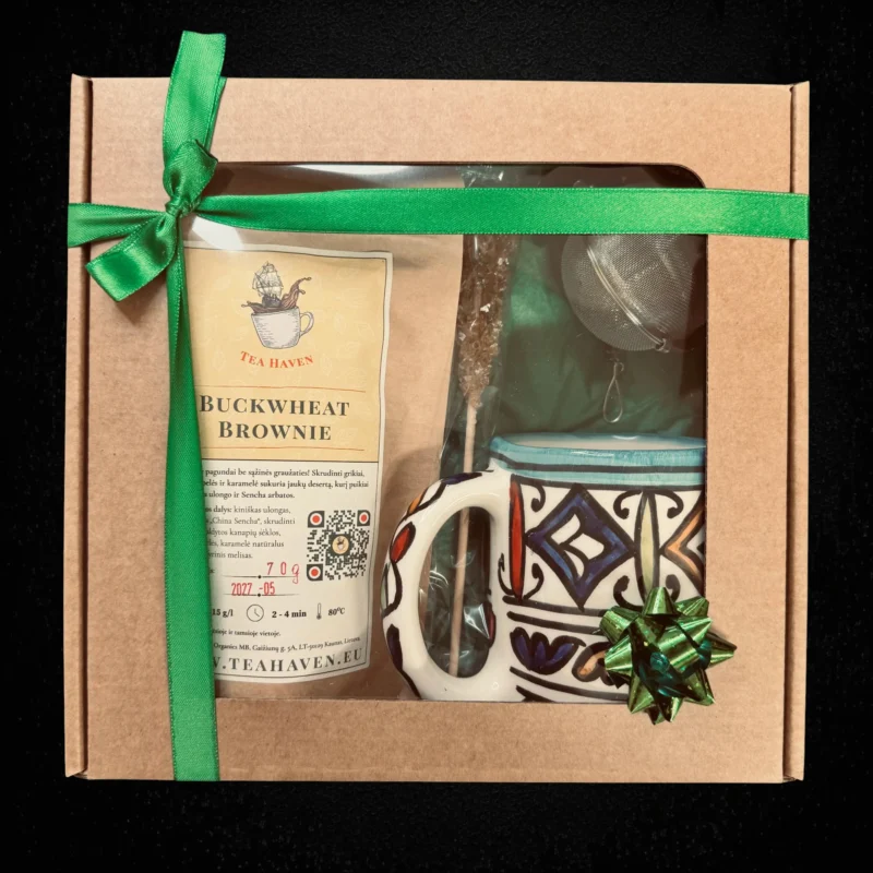 DOV1007-01 Dovanų rinkinys „Maroko spalvos“ su rankų darbo puodeliu mėlynu iš Maroko ir desertine arbata