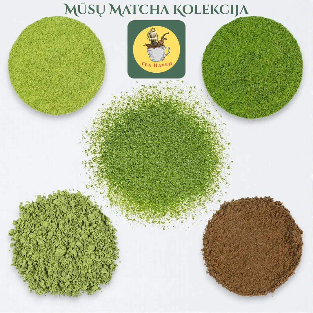 TEA HAVEN“ matcha arbatos kolekcija: įvairių atspalvių aukščiausios kokybės žaliosios arbatos milteliai, nuo ryškios ceremoninės iki skrudintos Houjicha