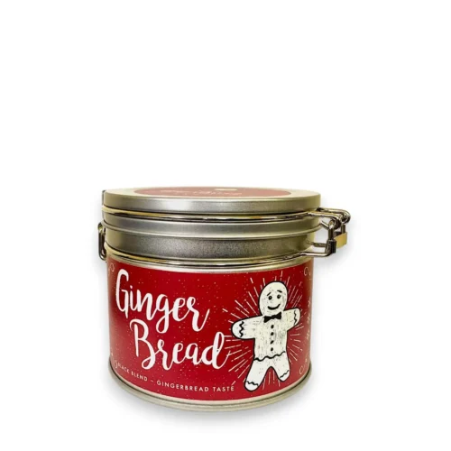 Raudona metalinė arbatos dėžutė „Gingerbread“ su meduolinio žmogeliuko piešiniu – 100 g pakuotė.