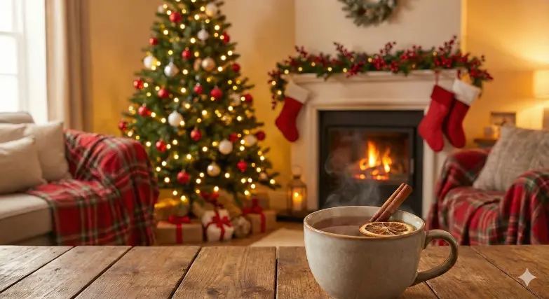 Jaukus arbatos puodelis su cinamonu ant medinio stalo, fone Kalėdų eglutė ir židinys su raudonais akcentais - Tea Haven.
