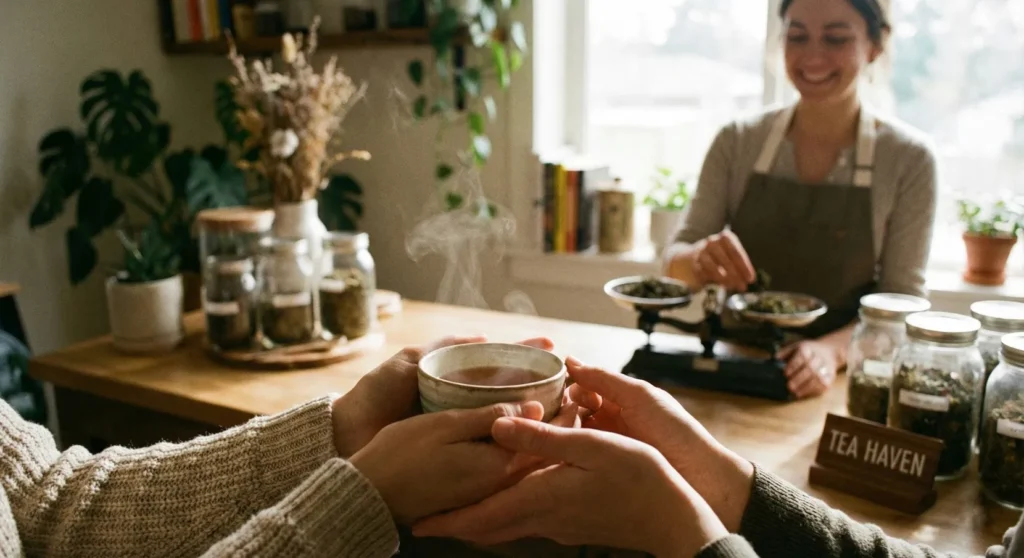 Jauki akimirka „Tea Haven“ arbatos parduotuvėje: rankos laiko garuojantį kokybiškos arbatos puodelį, o fone besišypsantis komandos narys sveria birią arbatą ant svarstyklių.
