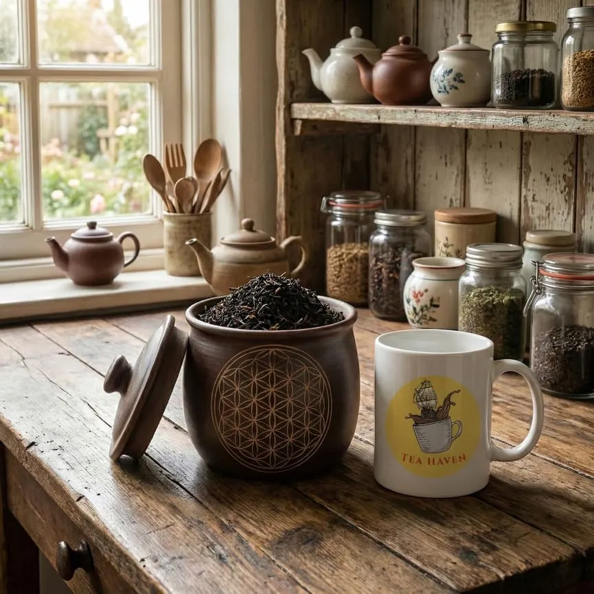 Tamsus keramikinis arbatos indelis su Gyvybės Gėle ir TEA HAVEN puodelis ant medinio stalo