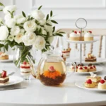 CRE-001-05 Žydinčios arbatos rinkinis su stikliniu arbatinuku ir juodosios arbatos gėlėmis, ant šventinio stalo