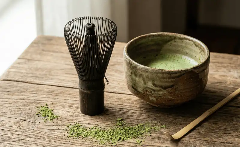 Japoniški matcha aksesuarai ant medinio stalo: reta juoda bambukinė matcha šluotelė (chasen), keraminis dubenėlis su putota arbata ir bambukinis šaukštelis.