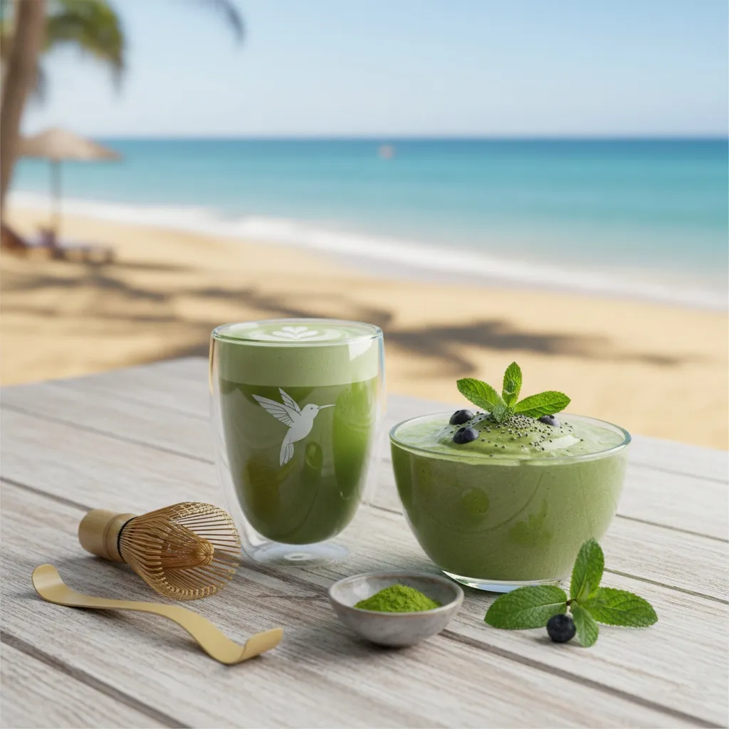 Matcha Arbata: Nauda, Paruošimas ir Istorija 4 Matcha Latte ir žalias glotnutis ant vasariško stalo prie jūros su bambukine šluotele ir matcha milteliais