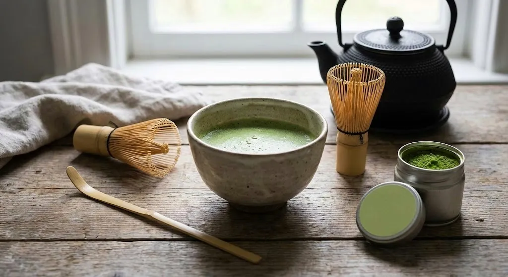 Matcha Arbata: Nauda, Paruošimas ir Istorija 3 Matcha paruošimo rinkinys: dubenėlis, chasen šluotelė ir milteliai
