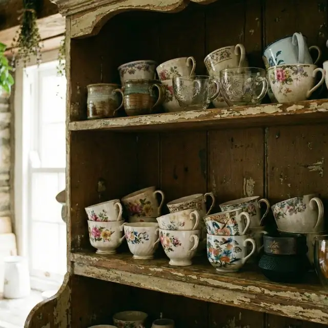 Senovinė lentyna su kolekcija: keramikiniai puodeliai, stikliniai puodeliai ir kiti gražūs puodeliai arbatai. Matomi įvairūs arbatos puodeliai.