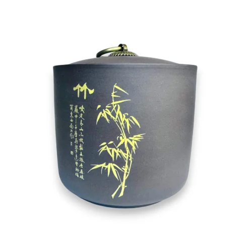 keramikinis arbatos indelis su auksiniu bambuko raštu ir kaligrafija