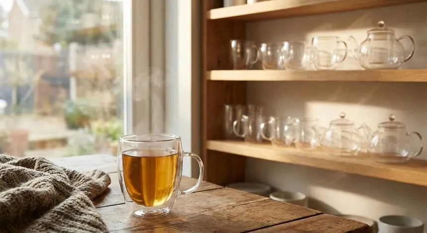 Jaukus dvigubo stiklo puodelis su garuojančia arbata virtuvėje prie lango, fone – lentyna su termo stiklinėmis.