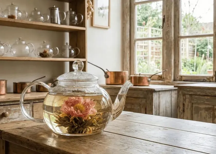 Žydinti arbata stikliniame arbatinuke su išsiskleidusia gėle jaukioje virtuvėje