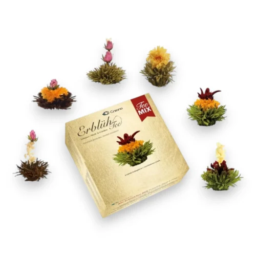 Žydinti arbata dovana rinkinys Creano Mix aukso spalvos pakuotėje su 6 gėlių žiedais