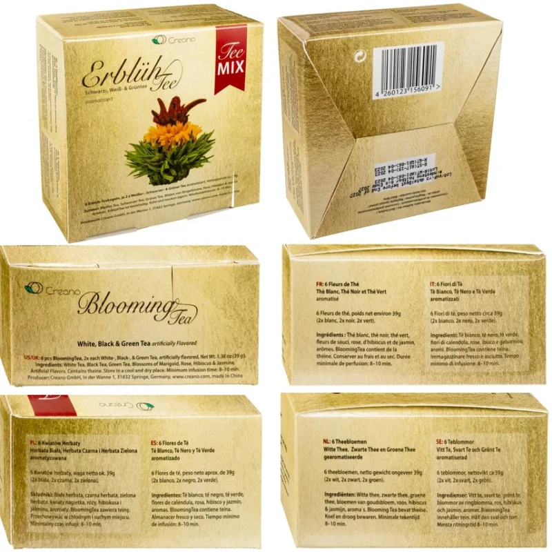 Žydinčios arbatos Creano Mix sudėtis ir paruošimo instrukcija ant pakuotės