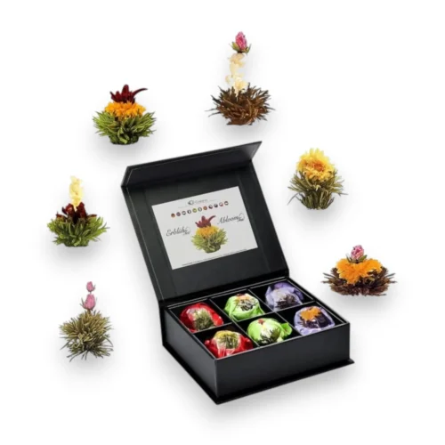 žydinčios arbatos dovanų rinkinys Creano Mix atidarytoje juodoje dėžutėje