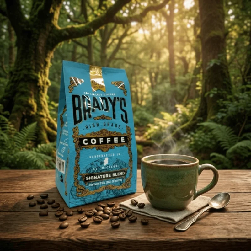 Aromatinga Brady's Signature Blend kava miško apsuptyje su garuojančiu puodeliu