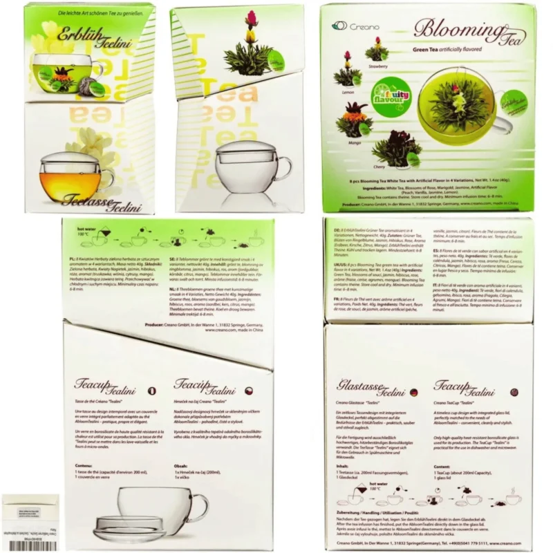Žydinti arbata su puodeliu Creano Teelini – informacinė dovanų rinkinio pakuotė