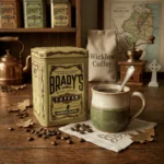 Airiška rytinė kava Brady's Morning Blend šalia garuojančio puodelio ant medinio stalo