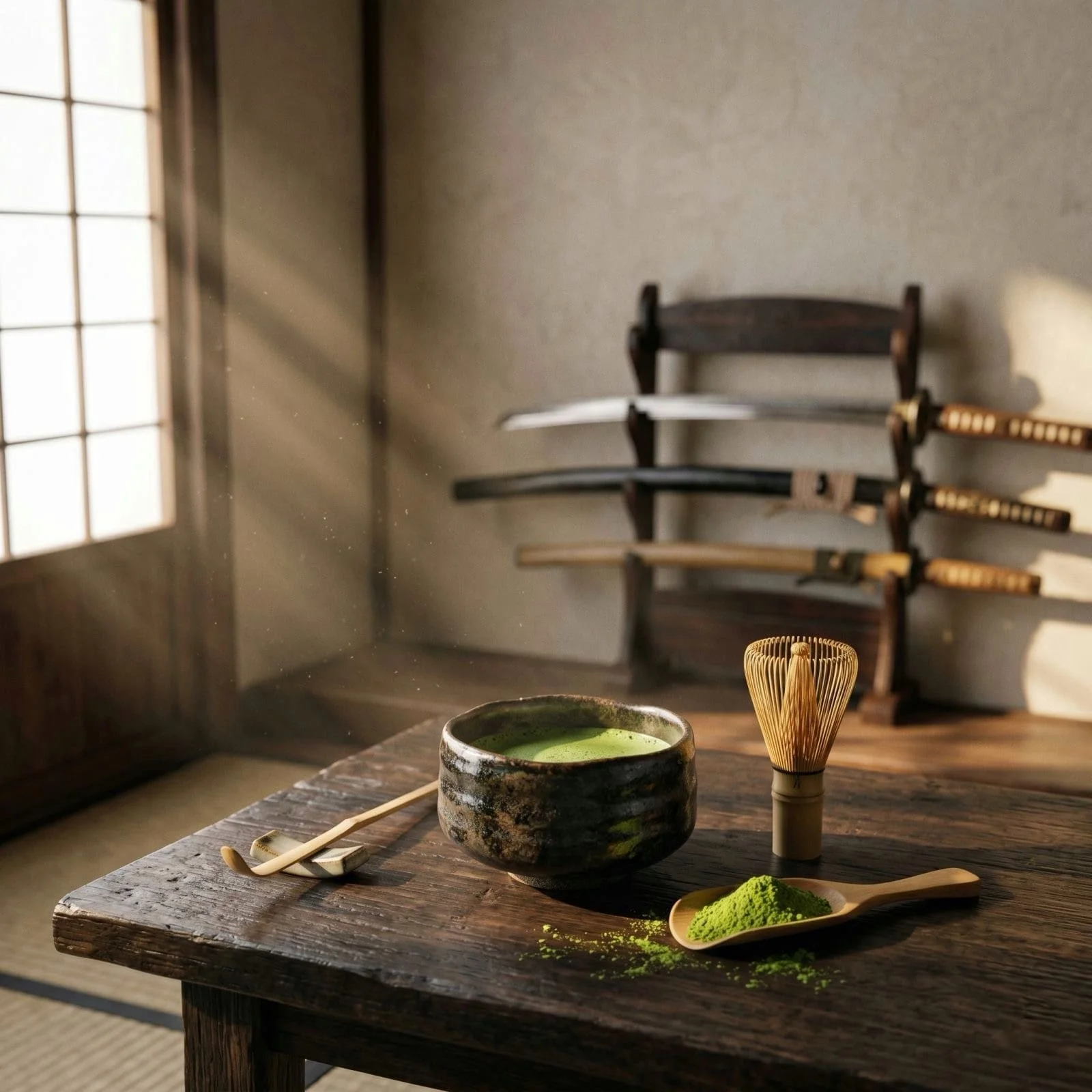 Aukščiausios kokybės ceremoninė Matcha arbata (žaliosios arbatos milteliai) paruošta tradiciniame dubenėlyje. Autentiška mačios arbata ir ruošimo aksesuarai.
