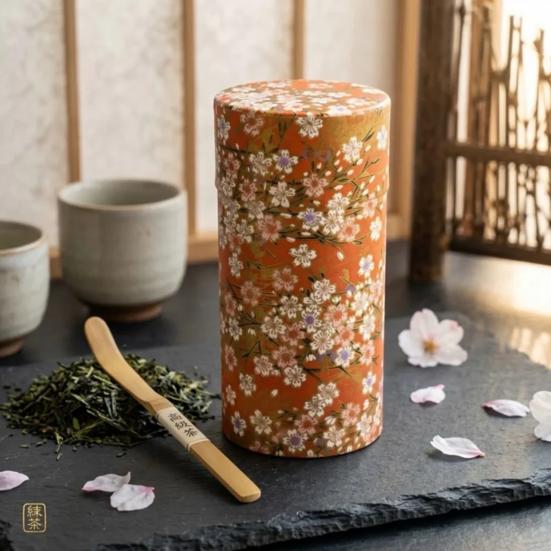 Japoniško stiliaus dėžutė arbatai Kazuko su žalia arbata ir sakurų žiedlapiais
