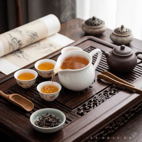 Gongfu cha ceremonija kur arbata pilstoma iš Gongdaobei Porcelianinis ąsotėlis į puodelius