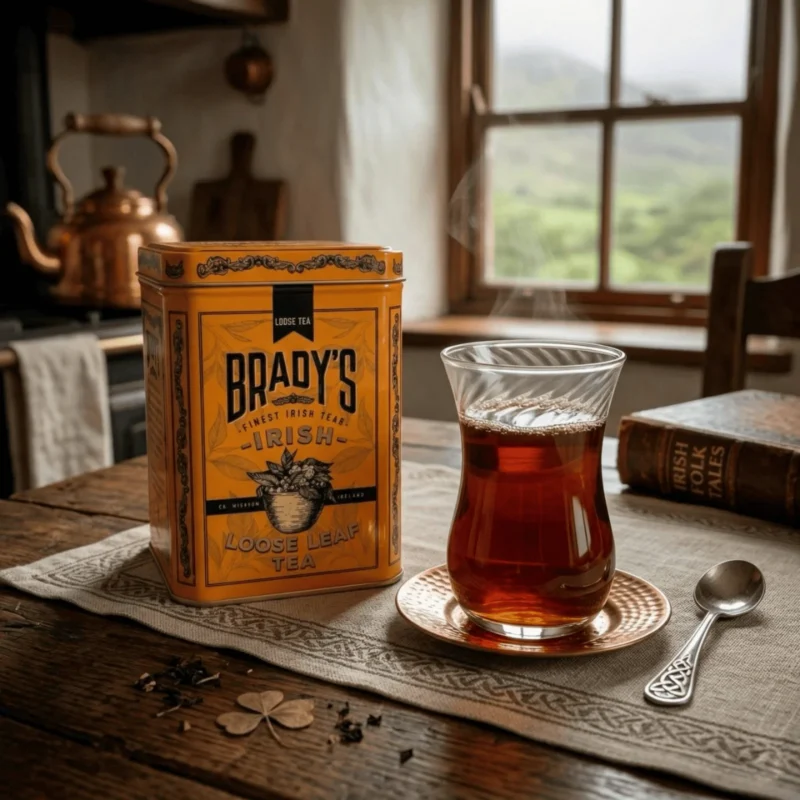 Jauki airiška virtuvė su skarbine Brady's Irish Tea ir garuojančiu puodeliu