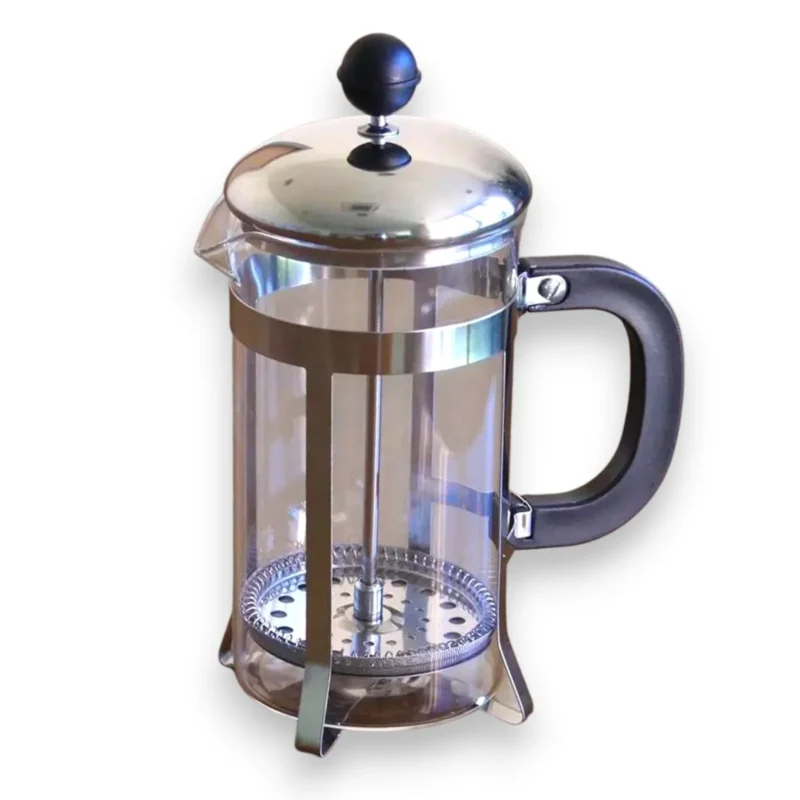 Tuščias stiklinis french press kavinukas su metaliniu filtru