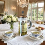 French press kavinukas ant prabangaus stalo su puodeliais ir macarons sausainiais