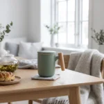 Žalias keraminis puodelis su medine rankenėle Aura Nordic Wood ant šviesaus medinio stalo skandinaviško stiliaus interjere