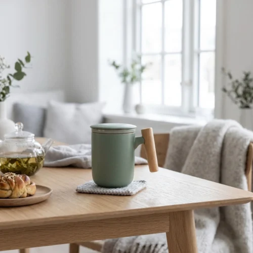 Žalias keraminis puodelis su medine rankenėle Aura Nordic Wood ant šviesaus medinio stalo skandinaviško stiliaus interjere