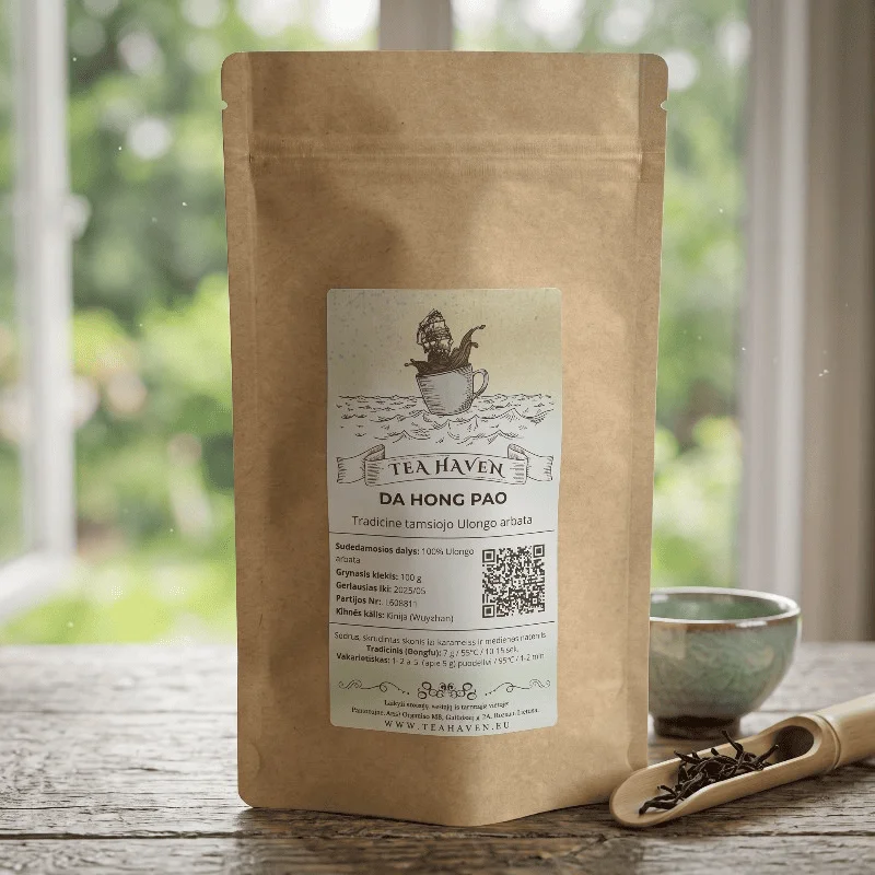 Da-Hong-Pao-arbatos-pakuote-Tea-Haven Da Hong Pao arbatos 100g pakuotė su Tea Haven etikete ir tradicine kinų arbatos gėrimo atributika