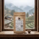 100g GABA Oolong arbatos pakuotė mediniame lange su vaizdu į rūko apgaubtus kalnus
