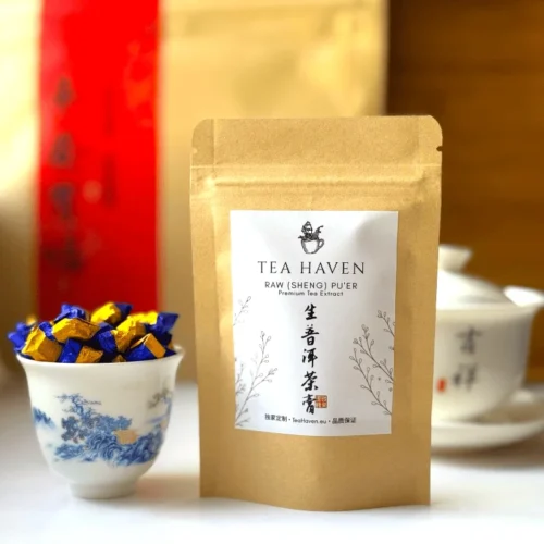 Pradžia Šviesiosios Sheng Cha Gao Pu-erh arbatos ekstrakto pakuotė ir tradicinis gaiwan indas
