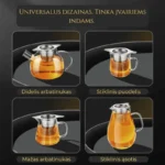 SK00124-04 Universalus nerūdijančio plieno sietelis uždėtas ant stiklinio arbatinuko ir puodelio